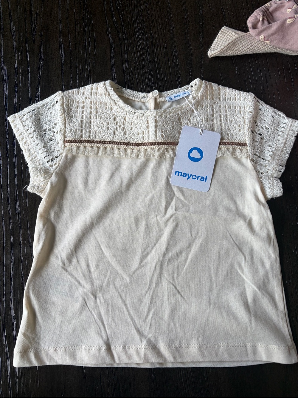 Mayoral Cream Crochet-Trim Short Sleeve Top